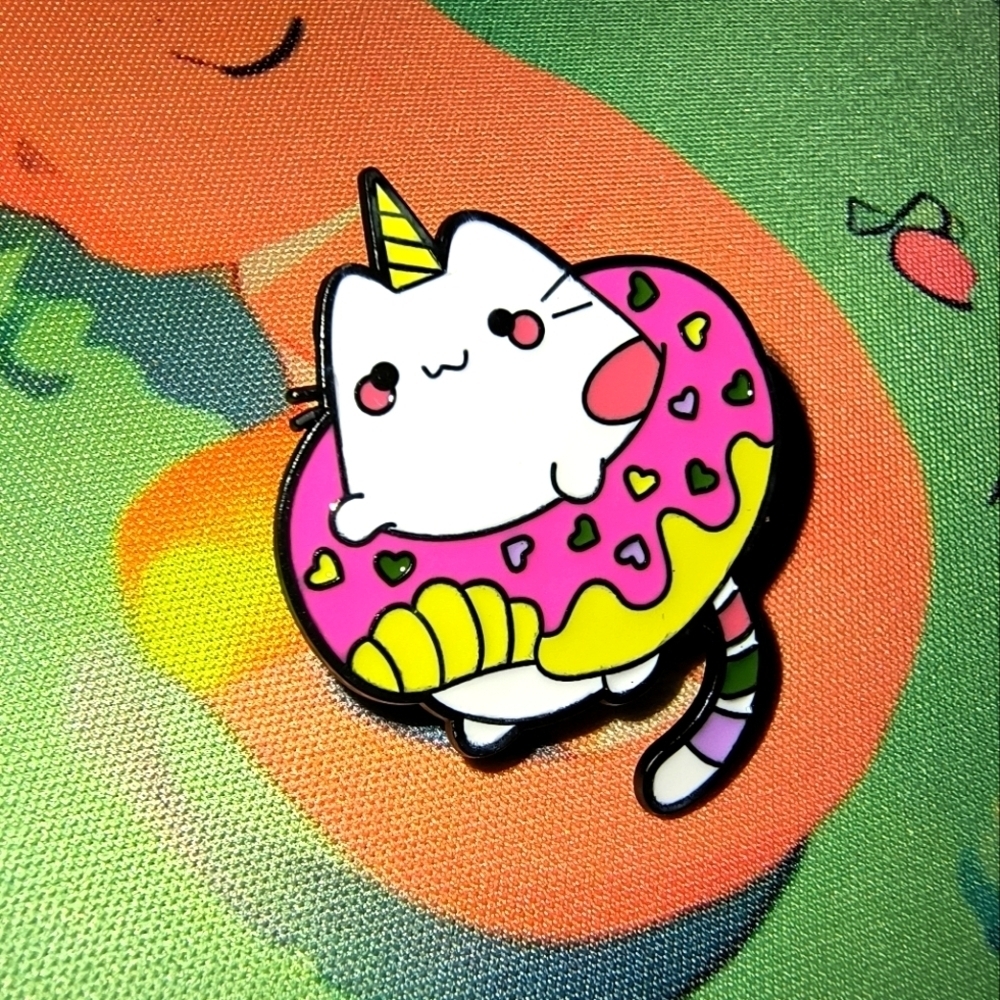 Cute Cat Enamel Pin with Pink Donut Design